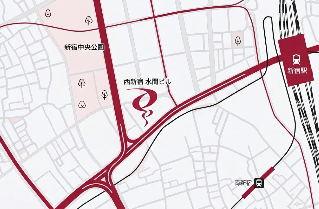 アクセスマップ：東京都新宿区西新宿3-3-13 西新宿水間ビル6F